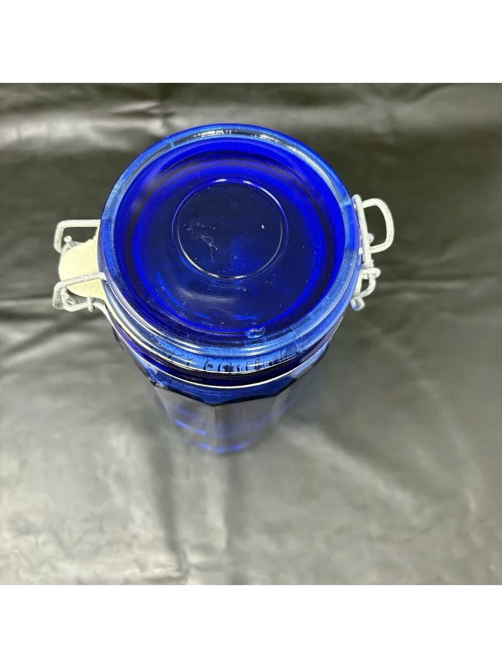 Cobalt Blue Jar Glass Storage Holder With Attached Wire Locking Lid 10” Tall